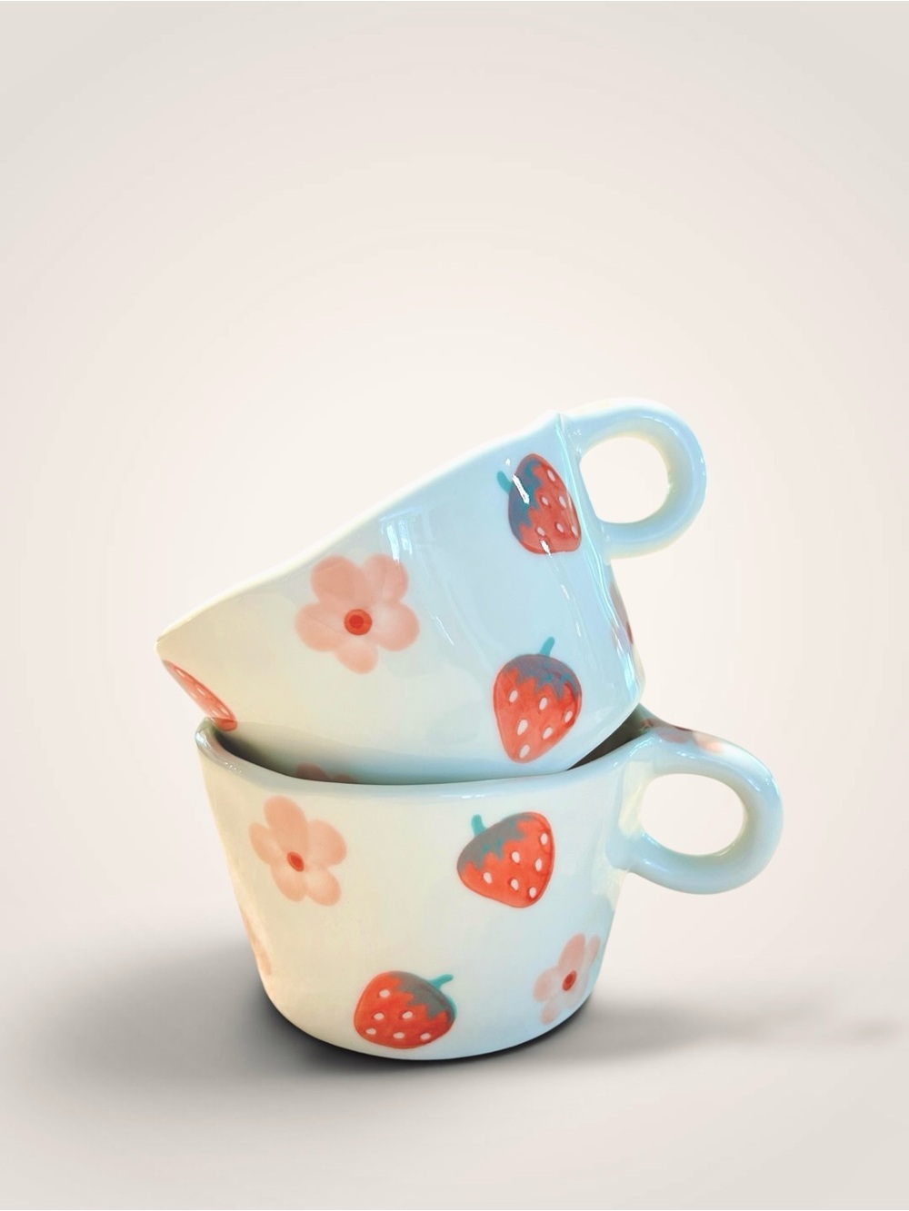 NWOT Hand Painted Wavy Ceramic Strawberry & Flower Mug